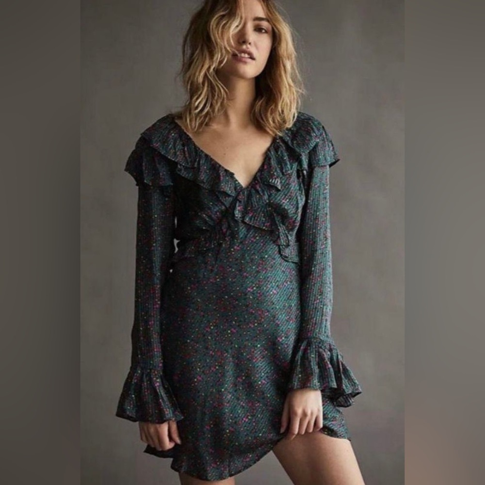 NWOT Free People Sweetest Thing Satin Ruffle Long Sleeve Mini Dress Green
